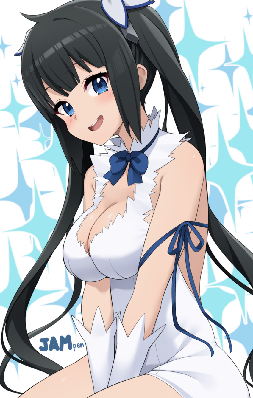 1girl artist_name black_hair blue_bow blue_bowtie blue_eyes blue_ribbon blush bow bowtie breasts cleavage cleavage_cutout clothing_cutout commentary_request dress dungeon_ni_deai_wo_motomeru_no_wa_machigatteiru_darou_ka elbow_gloves gloves hair_ornament hair_ribbon hestia_(danmachi) highres jampen large_breasts long_hair looking_at_viewer open_mouth rei_no_himo ribbon sitting sleeveless sleeveless_dress smile solo teeth tongue twintails upper_teeth_only v_arms very_long_hair white_dress white_gloves