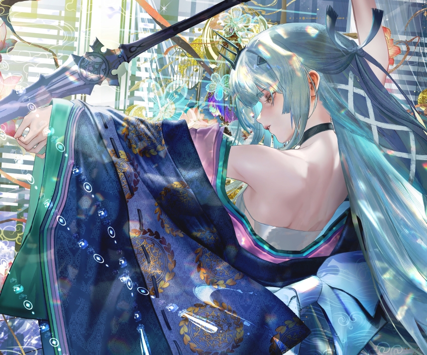 1girl absurdres black_choker blue_bow blue_hair bow chinese_commentary choker commentary_request fate/grand_order fate_(series) half_updo highres jin_sumire long_hair melusine_(fate) open_mouth polearm solo spear very_long_hair weapon yellow_eyes
