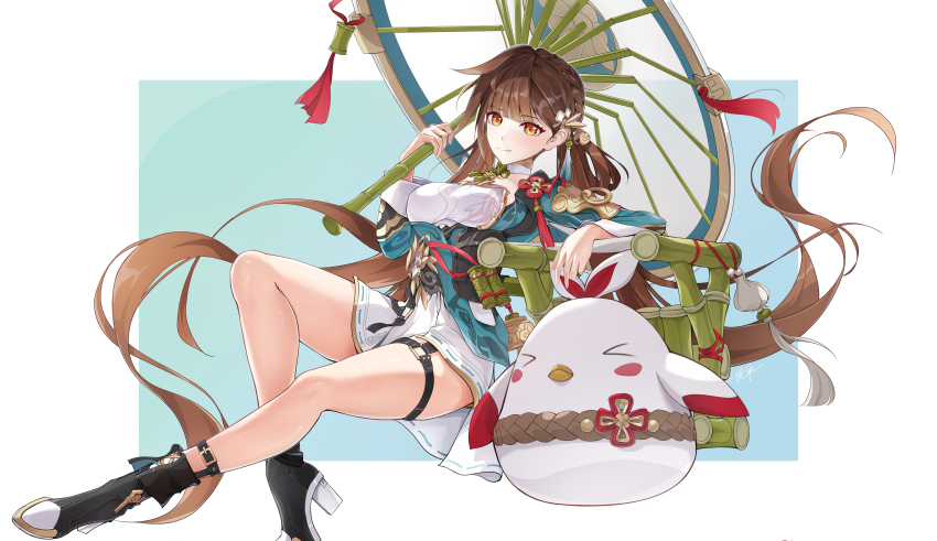 1girl absurdres ankle_boots black_boots boots breasts brown_eyes brown_hair chinese_clothes dress high_heels highres holding holding_umbrella honkai_(series) honkai_impact_3rd jingwei_(bird) large_breasts li_sushang li_sushang_(peregrine_sword) long_hair official_alternate_costume oil-paper_umbrella ooo_wange smile solo twintails umbrella very_long_hair white_dress