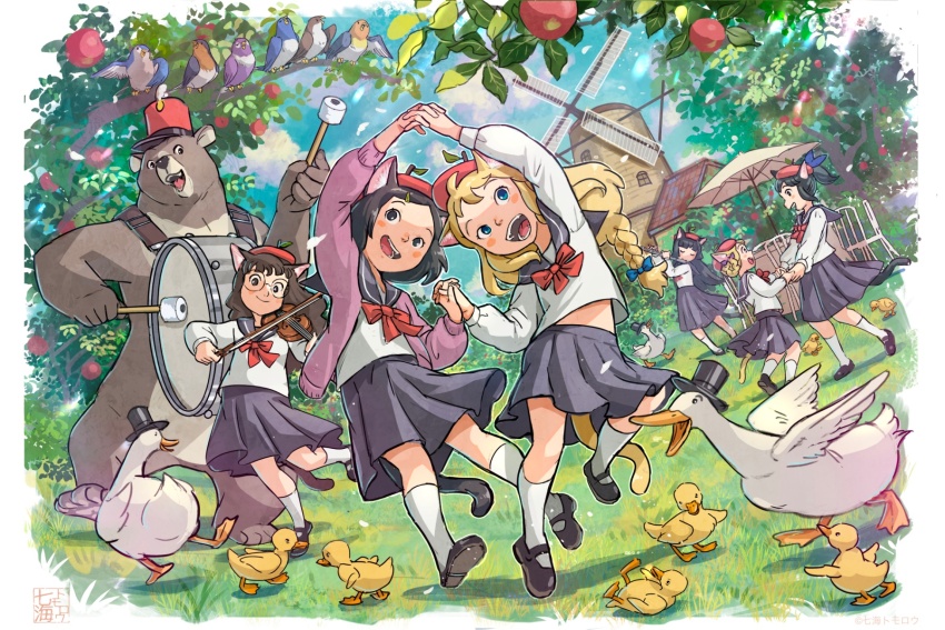 6+girls animal animal_ears apple apple_tree bear bird black_hair blonde_hair blue_sailor_collar blue_skirt bow bowtie braid cat_ears cat_girl cat_tail dancing drum drumsticks duck duckling flute food fruit goose hard_hat hat helmet highres holding holding_drumsticks holding_instrument instrument interlocked_fingers kepi kneehighs loafers long_hair midriff_peek military_hat mob_cap multiple_girls music nanami_tomorou original playing_instrument pleated_skirt puffy_sleeves purple_vest red_bow red_bowtie sailor_collar school_uniform serafuku shirt shoes skirt socks tail tree twintails vest violin white_shirt white_socks windmill