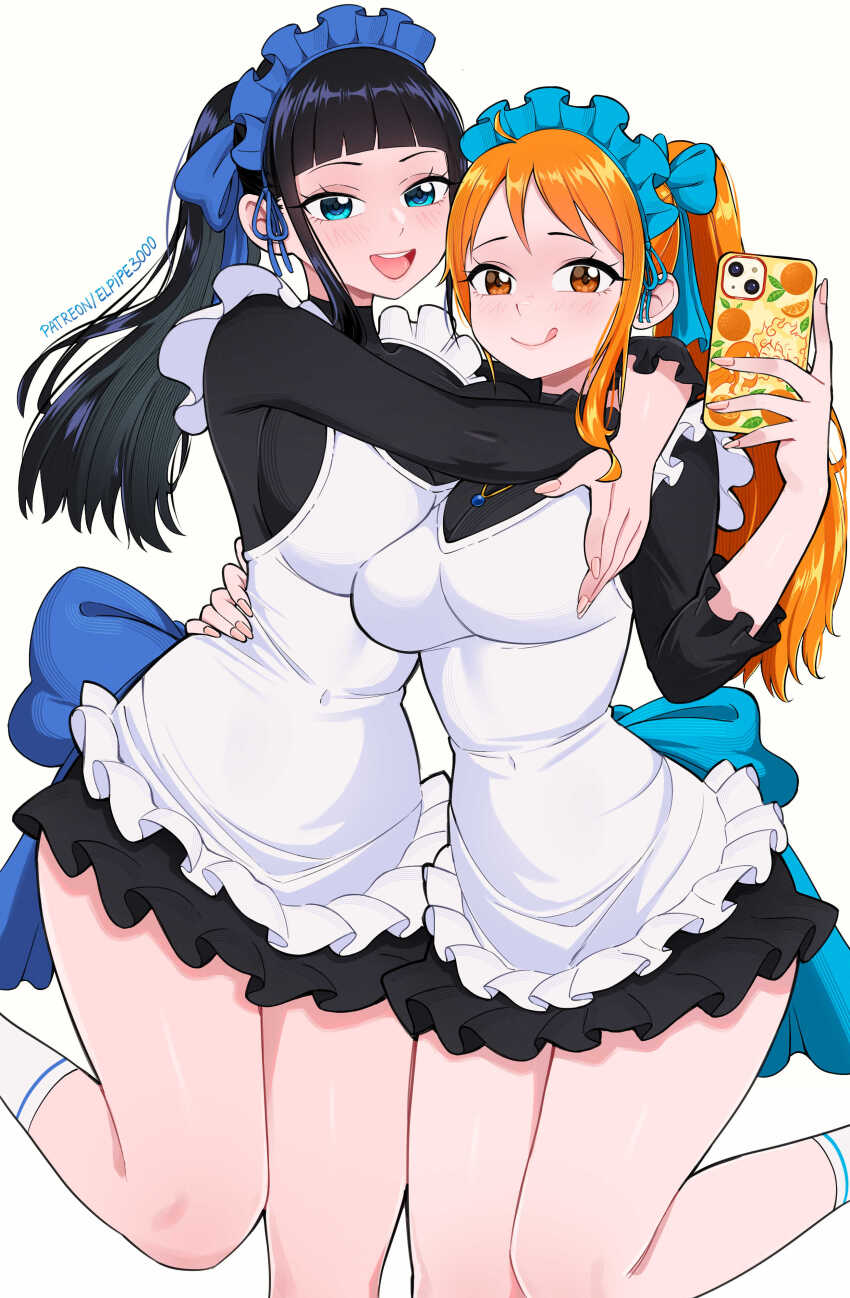 2girls :q absurdres alternate_costume apron black_hair blue_eyes breasts brown_eyes cellphone commentary elpipe_3000 english_commentary enmaided highres holding holding_phone hug long_hair looking_at_viewer maid maid_headdress medium_breasts multiple_girls nami_(one_piece) nico_robin one_piece orange_eyes orange_hair phone simple_background smartphone thighs tongue tongue_out white_apron white_background