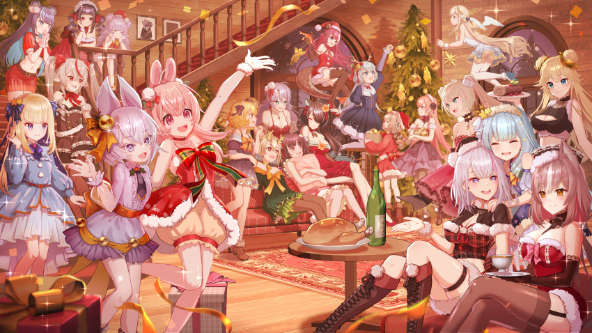 6+girls absurdres amanogawa_shiina animal_ears arm_up back_bow bear_ears bear_girl bell belt black_bow black_capelet black_dress black_flower black_garter_straps black_gloves black_hair black_jacket black_necktie black_rose blonde_hair blue_bow blue_bowtie blue_dress blue_eyes blue_footwear blue_hair boots bottle bow bowtie box breasts brown_belt brown_eyes brown_footwear brown_hair capelet center_frills chicken_(food) chisaka_airi christmas christmas_ornaments christmas_tree cleavage cleavage_cutout closed_eyes clothing_cutout collared_shirt couch crop_top crossed_bangs cup deer_ears deer_girl dizzy_dokuro door double_bun dragon_girl dragon_horns dragon_tail dress drill_hair eimi_isami elbow_gloves ember_amane erina_makina everyone fish_boy floating flower food formal_clothes fox_ears fox_girl frills fujikura_uruka fur-trimmed_capelet fur-trimmed_dress fur_trim garter_straps gift gift_box glass_door gloves green_ribbon grey_dress grey_eyes grey_hair h2osakana hair_bell hair_between_eyes hair_bow hair_bun hair_flower hair_ornament hair_over_one_eye hair_ribbon hakushika_iori hamster_ears hamster_girl hand_up hat high_heels highres hikanari_hina himemiya_rie holding holding_cup holding_saucer holly horns hugging_object jacket jelly_hoshiumi kaneko_lumi knee_boots komachi_panko large_breasts long_hair maid_headdress mole mole_on_breast multicolored_bow multicolored_hair multiple_girls muu_muyu neck_bell necktie nyansan_oekaki official_art on_couch open_mouth orange_bow orange_bowtie orange_flower orange_hair orange_ribbon orange_rose pantyhose phase_connect picture_frame pillow pillow_hug pink_bow pink_brooch pink_eyes pink_hair pipkin_pippa plaid pom_pom_(clothes) pom_pom_hair_ornament purple_hair rabbit_ears rabbit_girl railing red_bow red_bowtie red_dress red_eyes red_hair red_headwear red_panda_ears red_panda_girl red_ribbon red_shorts remilia_nephys ribbon rinkou_ashelia rose rug runie_ruse santa_costume santa_dress santa_hat saucer saya_sairroxs shadow shirt shisui_michiru_(phase_connect) short_hair shorts sitting sleeveless sleeveless_dress smile snowflake_hair_ornament snowflakes sparkle stairs star_(symbol) star_hair_ornament star_print strapless strapless_dress streaked_hair suit table tail teacup teeth tenma_maemi thigh_strap thighhighs tiger_ears tiger_girl tree twintails upper_teeth_only utatane_nasa virtual_youtuber white_hair white_shirt white_wings wings wolf_ears wolf_girl wooden_floor yule_log_(cake)