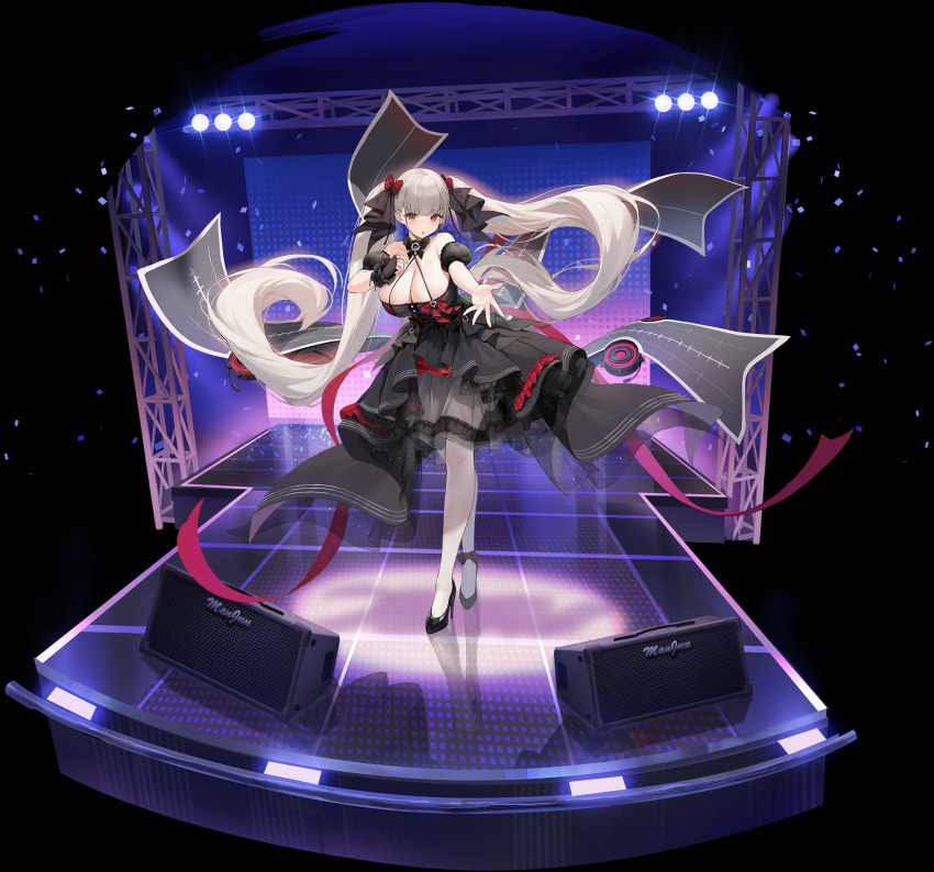 1girl absurdres azur_lane black_bow black_dress black_ribbon black_shoes blush bow breasts byulzzi cleavage detached_sleeves dress flight_deck floating_hair formidable_(azur_lane) formidable_(muse)_(azur_lane) frilled_dress frills full_body gloves grey_hair hair_bow hair_ornament hair_ribbon halterneck high_heels highres huge_breasts idol large_breasts layered_dress leaning_forward logo long_hair microphone non-web_source official_alternate_costume official_art open_mouth outstretched_arm pantyhose patent_heels pumps red_eyes red_ribbon reflective_floor ribbon rigging see-through_clothes shoes sky sleeveless solo speaker stage stage_lights standing stiletto_heels thighhighs transparent_background twintails two-tone_dress very_long_hair white_pantyhose