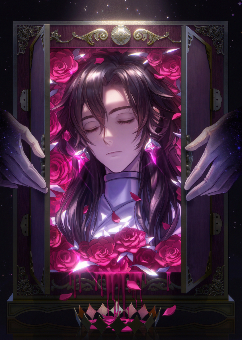 1boy absurdres black_hair blood box chinese_commentary cloak closed_eyes closed_mouth constantine_xi_(fate) crown unworn_crown curtained_hair earrings fate/grand_order fate_(series) flower glint gloves hair_between_eyes highres in_box in_container jewelry light_particles long_hair male_focus out_of_frame pink_blood pink_flower pink_rose portrait qingyuan rose solo white_cloak white_gloves