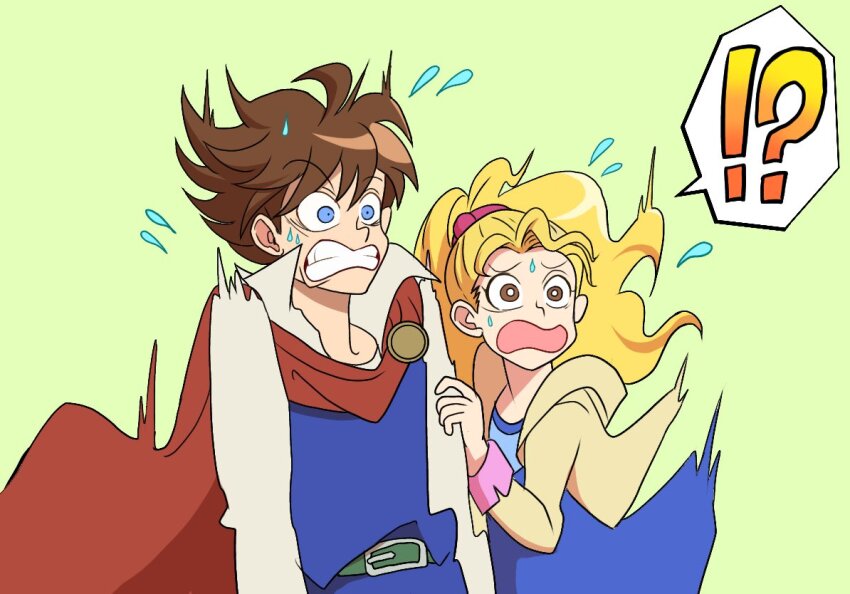 !? 1boy 1girl bartz_klauser belt blonde_hair blue_dress blue_eyes brown_hair cape dress final_fantasy final_fantasy_v flying_sweatdrops krile_mayer_baldesion_(ff5) long_hair open_mouth ponytail red_cape sa_kichi short_hair simple_background toon_(style)