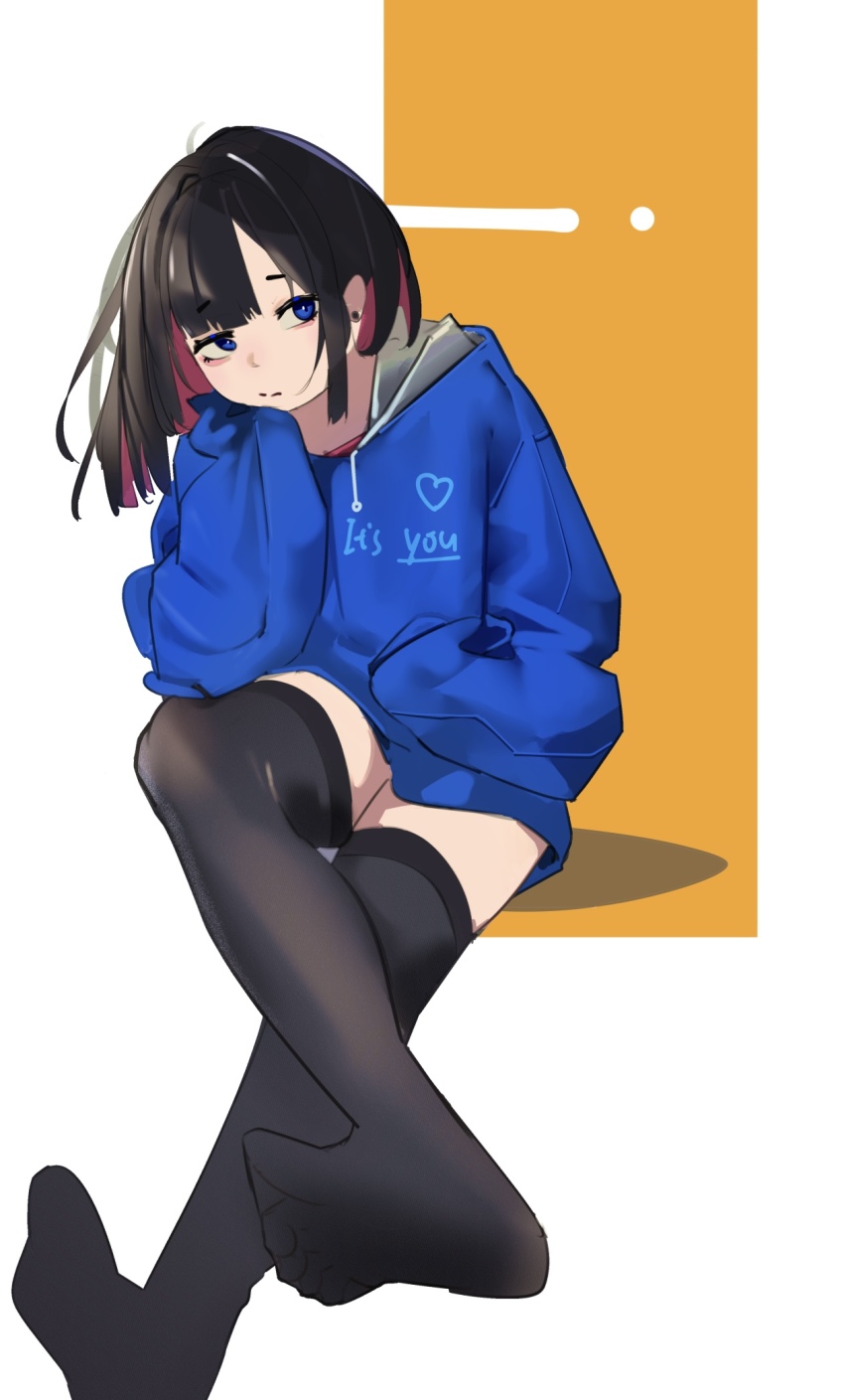 1girl black_thighhighs colored_inner_hair commentary_request feet highres hood hooded_jacket hoodie innosick jacket legs looking_at_viewer multicolored_hair original solo thighhighs