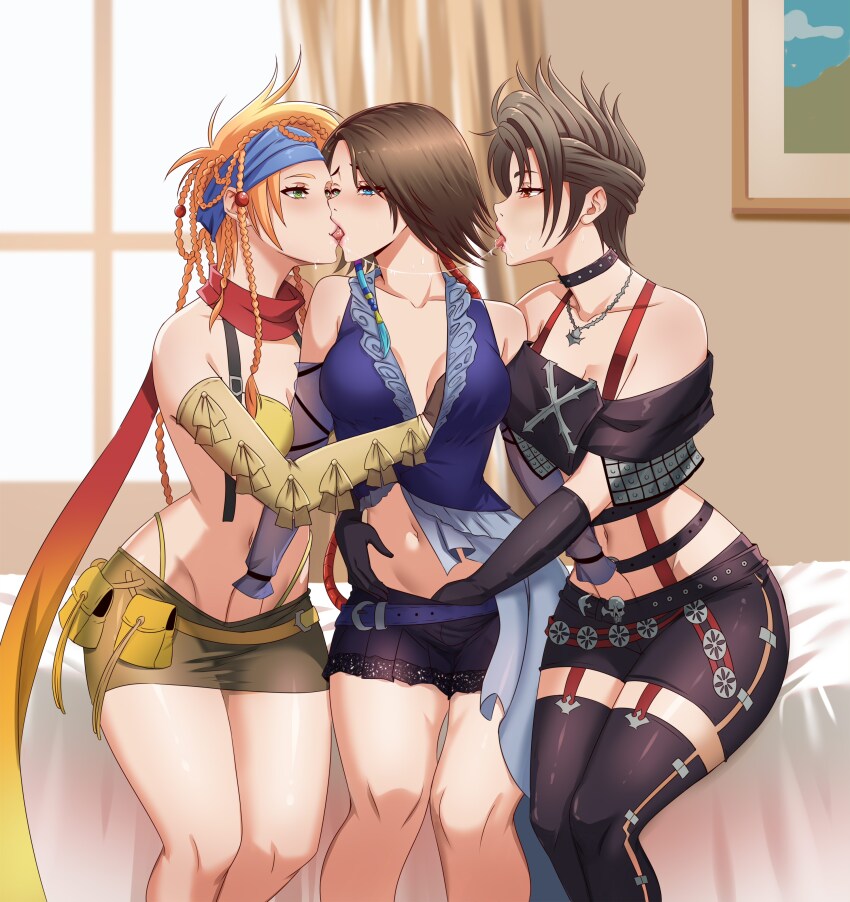 3girls absurdres bed bikini blonde_hair blue_eyes brown_hair collar commentary commission detached_sleeves english_commentary fff_threesome final_fantasy final_fantasy_x final_fantasy_x-2 fingerless_gloves french_kiss girl_sandwich gloves grabbing_another&#039;s_breast green_eyes grey_hair groping group_sex hand_in_another&#039;s_clothes hand_in_another&#039;s_skirt heterochromia highres jewelry kiss leofoxart miniskirt multiple_girls necklace official_alternate_costume paine_(ff10) red_eyes rikku_(ff10) saliva saliva_trail sandwiched scarf short_shorts shorts sitting skirt studded_collar swimsuit thighs thong threesome tongue tongue_out variant_set yellow_bikini yuna_(ff10) yuri