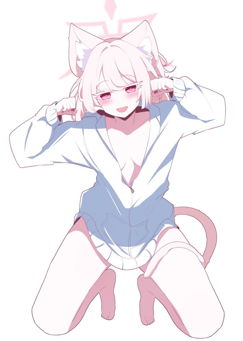 1girl absurdres akira_(blue_archive) amebrew animal_ear_fluff animal_ears barefoot blue_archive cat_ears cat_girl cat_tail hair_between_eyes highres jacket kneeling long_hair no_bra no_pants paw_pose pink_hair red_hair sidelocks solo tail white_jacket