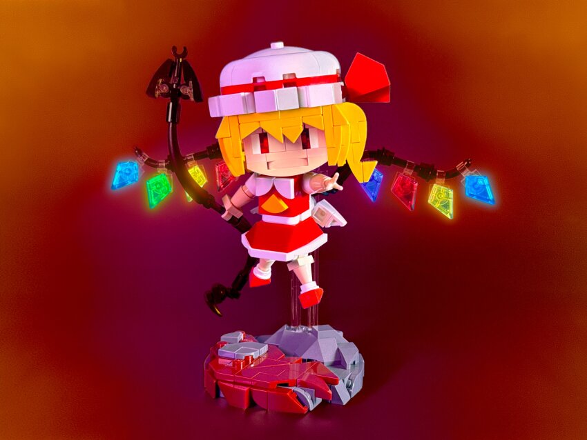 1girl absurdres ascot back_bow blonde_hair bloomers bow commentary crystal english_commentary flandre_scarlet full_body glowing glowing_wings gradient_background hat hat_ribbon head_tilt highres holding holding_polearm holding_weapon laevatein_(touhou) lavishlump lego_(medium) looking_at_viewer medium_hair mob_cap multicolored_wings one_side_up open_mouth polearm red_background red_eyes red_footwear red_ribbon red_skirt red_theme red_vest ribbon shirt short_sleeves simple_background skirt skirt_set socks solo touhou unconventional_media underwear vest weapon white_bloomers white_bow white_hat white_shirt white_socks wings yellow_ascot