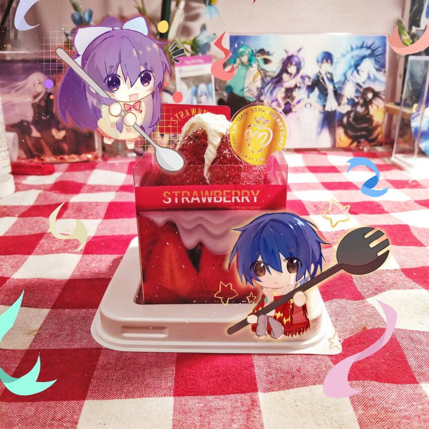 1boy 1girl blue_hair brown_eyes chibi date_a_live highres itsuka_shidou long_hair n.(pl) photo_(medium) purple_eyes purple_hair ribbon short_hair variant_set yatogami_tohka
