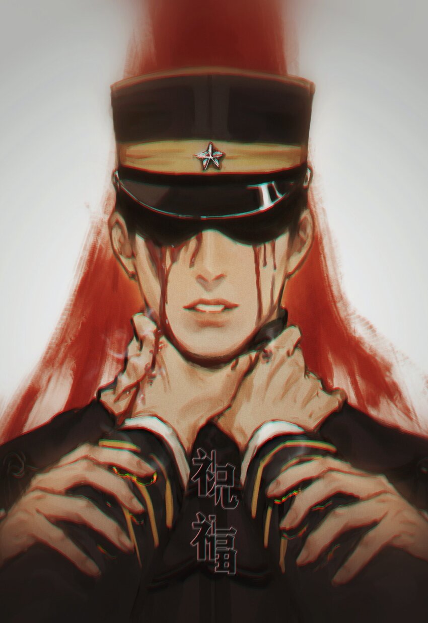 2boys black_hat black_shirt blood blood_on_face blood_on_hands bloody_tears brothers commentary_request golden_kamuy hanazawa_yusaku hands_on_another&#039;s_arms hat highres layered_sleeves long_sleeves male_focus multiple_boys ogata_hyakunosuke orihara0820 out_of_frame parted_lips peaked_cap shaded_face shirt siblings solo_focus star_(symbol) strangling teeth translation_request upper_body white_background