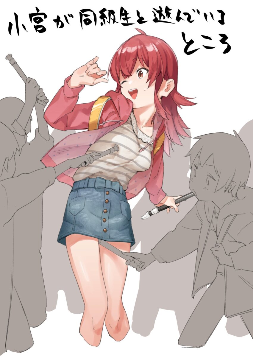 1girl ;d ahoge backpack bag breast_poke breasts commentary_request covered_erect_nipples denim denim_skirt extra flute highres holding_flute holding_instrument idolmaster idolmaster_shiny_colors instrument jacket komiya_kaho long_hair medium_breasts miniskirt muchi_maro multiple_boys one_eye_closed open_mouth pencil_skirt phonograph pink_jacket poking prank recorder red_eyes red_hair shirt skirt smile striped_clothes striped_shirt translation_request white_background