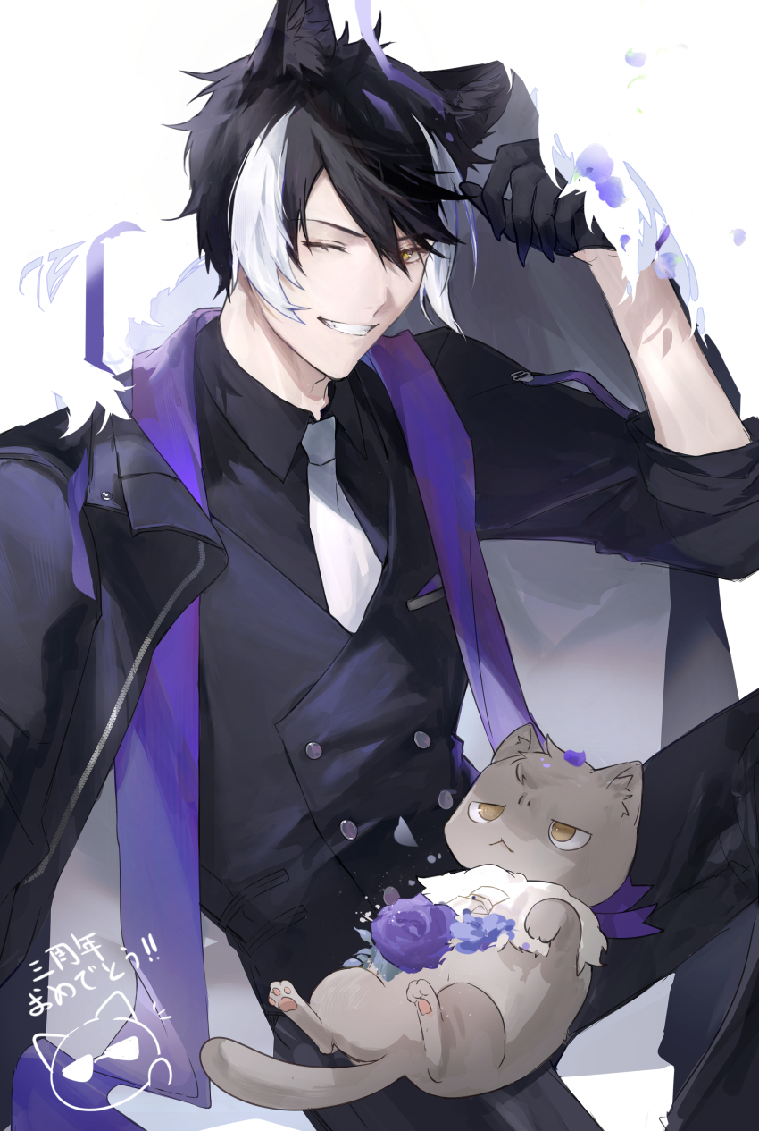 1boy absurdres animal animal_ears animal_on_lap black_coat black_gloves black_hair black_pants black_shirt black_vest blending bukatachi_(kageyama_shien) buttons cat coat coat_on_shoulders collared_shirt double-breasted feet_out_of_frame flower fur-trimmed_coat fur_trim gloves grey_cat grin half_gloves hand_up highres holostars jackal_boy jackal_ears kageyama_shien knee_up kurogareki looking_at_viewer male_focus multicolored_hair necktie nekoyama_shien on_lap one_eye_closed pants petals pocket_square purple_flower purple_ribbon purple_rose ribbon rose shirt short_hair simple_background sitting sleeves_rolled_up smile solo stole two-sided_coat two-sided_fabric two-tone_hair vest virtual_youtuber white_background white_hair white_necktie yellow_eyes