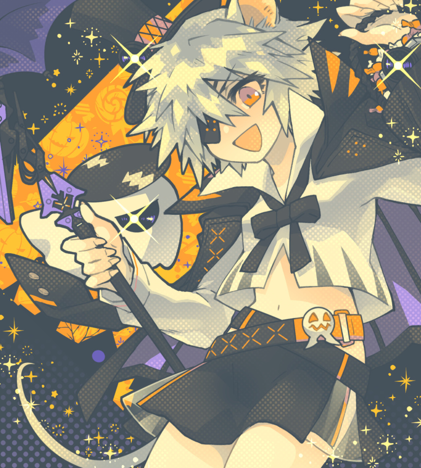 1girl animal_ears arknights arms_up belt black_background black_belt black_cape black_hat black_skirt candy cape click_(arknights) click_(grave_thief)_(arknights) collared_shirt commentary cowboy_shot drone eyepatch food ghost halloween hat highres holding holding_staff long_hair looking_at_viewer looking_down messy_hair midriff morini_ochiteru mouse_ears mouse_girl mouse_tail multicolored_background multiple_belts official_alternate_costume open_mouth orange_background orange_belt pleated_skirt red_eyes shirt short_hair skirt smile solo sparkle staff tail top_hat white_hair white_shirt