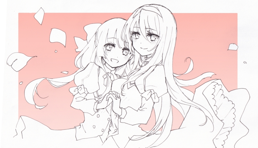 2girls :d closed_mouth hair_between_eyes half_updo happy himemiya_chikane holding_hands interlocked_fingers kannazuki_no_miko kurusugawa_himeko long_hair long_sleeves looking_at_viewer monochrome multiple_girls open_mouth ototachibana_academy_school_uniform petals puffy_long_sleeves puffy_sleeves school_uniform simple_background smile syumi_(syumiyo) wind yuri