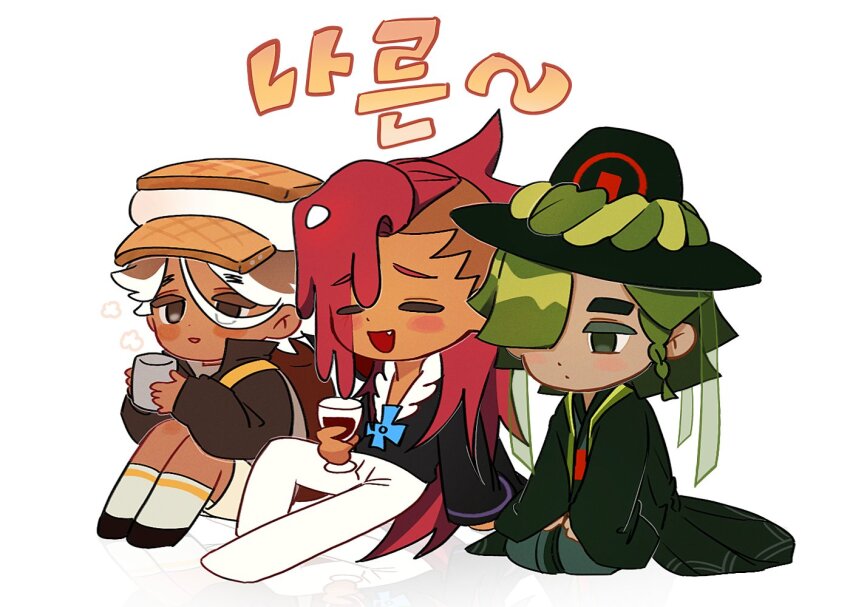 3boys :d alcohol arm_support asymmetrical_bangs asymmetrical_hair black_hat black_kimono black_shirt black_shoes blue_brooch braid brown_eyes brown_hair brown_hat closed_eyes colored_tips commentary_request cookie_run cookie_run:_ovenbreak cup dark-skinned_male dark_skin drinking_glass expressionless fang food-themed_hat full_body gim_cookie green_eyes green_hair hair_over_one_eye hat holding holding_cup humanization japanese_clothes kimono knee_up kneehighs knees_up korean_commentary korean_text long_hair long_sleeves male_focus multicolored_hair multiple_boys no_pupils open_mouth pants ponong red_hair red_wine s&#039;more_cookie shirt shoes short_hair shorts side-by-side sidecut single_braid sitting sleeves_past_wrists smile socks translation_request two-tone_hair undercut v_arms vampire_cookie white_hair white_pants white_shorts white_socks wide_sleeves wine wine_glass