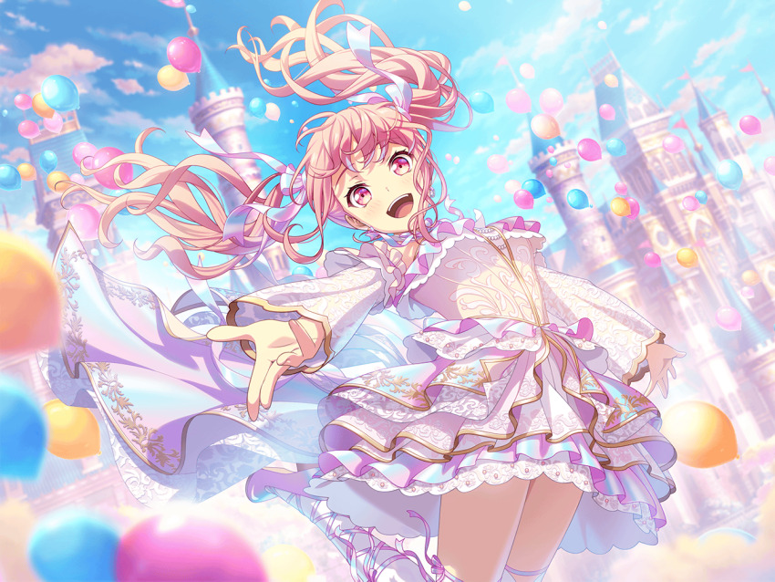 1girl :d balloon bang_dream! castle cloud cloudy_sky cross-laced_shoes detached_sleeves dress dutch_angle earrings floating_hair frilled_dress frills gem gold_trim hair_ribbon jewelry lace_sleeves layered_dress leg_lift looking_at_viewer maruyama_aya official_art open_mouth outdoors outstretched_hand over-kneehighs overskirt pearl_(gemstone) pink_eyes pink_hair ribbon sky smile solo teeth thighhighs third-party_source too_many_balloons twintails upper_teeth_only