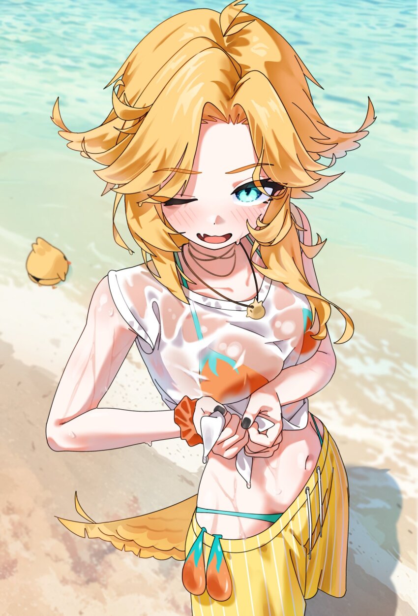 1girl ;d aqua_eyes bikini bird_girl bird_wings black_nails blonde_hair commentary dokibird_(vtuber) dot_nose dragoon_(dokibird) english_commentary fang feathered_wings gurumie highres indie_virtual_youtuber jewelry navel necklace one_eye_closed open_mouth orange_bikini orange_scrunchie sand scrunchie shirt shorts smile solo striped_clothes striped_shorts swimsuit tongue virtual_youtuber water wet wet_clothes wet_shirt white_shirt wings wrist_scrunchie yellow_shorts