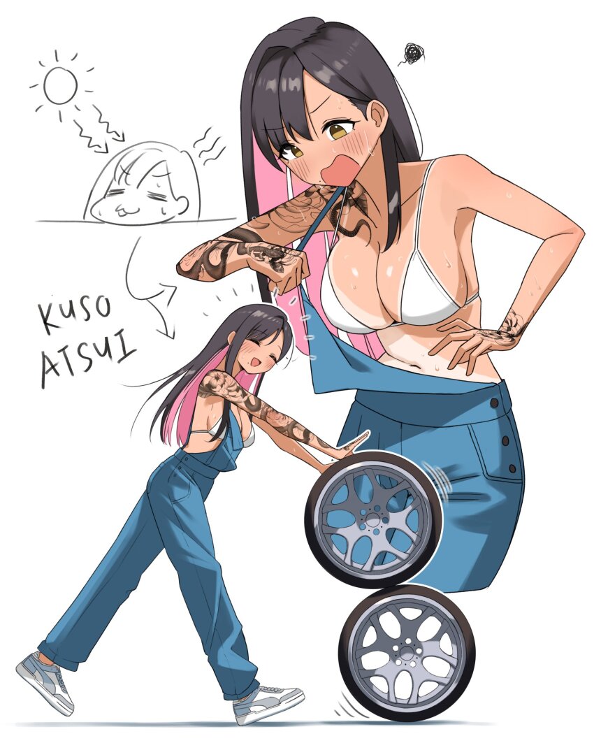 1girl arm_tattoo bikini bikini_top_only black_hair blush character_name haow highres long_hair multiple_views navel open_mouth original pants shizuku_inoue_(haow) shoes simple_background sneakers swimsuit tattoo unused_tire white_background