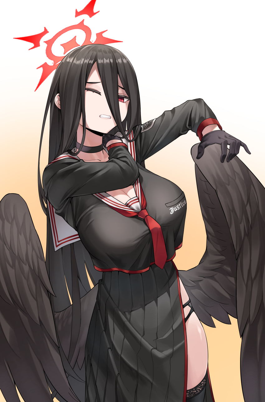 1girl absurdres black_choker black_gloves black_hair black_shirt black_skirt black_wings blue_archive breasts choker clenched_teeth crop_top crop_top_overhang gloves hair_between_eyes halo hand_on_own_shoulder hasumi_(blue_archive) highres large_breasts oversized_wings long_bangs long_hair looking_at_viewer low_wings necktie one_eye_closed pleated_skirt police_riot_(artist) red_eyes red_necktie sailor_collar shirt side_slit simple_background skirt solo stretching teeth very_long_hair white_sailor_collar wings