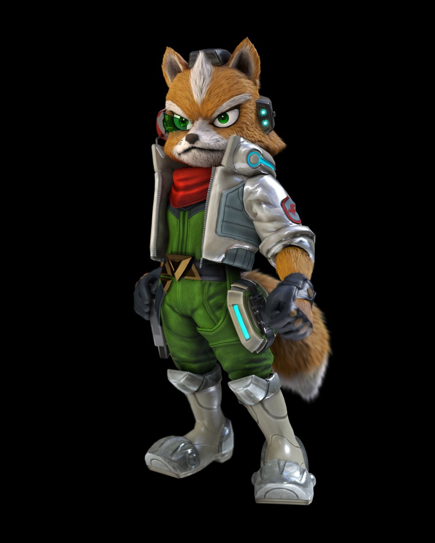1boy 3d absurdres armor armored_boots arms_at_sides belt black_background black_gloves boots closed_mouth fingerless_gloves fox fox_mccloud full_body furry furry_male gloves green_eyes headset highres holster jacket knee_boots long_sleeves male_focus nintendo official_art red_scarf scarf simple_background sleeves_pushed_up solo standing star_fox star_fox_zero tail whiskers white_jacket
