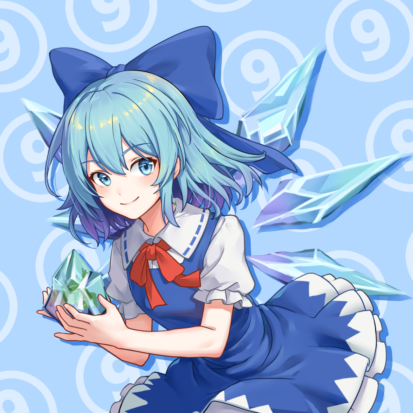 1girl absurdres blue_bow blue_dress blue_eyes blue_hair bow bowtie circled_9 cirno closed_mouth commentary_request detached_wings dress frozen frozen_frog hair_bow highres ice ice_wings looking_at_viewer pinafore_dress puffy_short_sleeves puffy_sleeves red_bow red_bowtie short_sleeves sleeveless sleeveless_dress smile solo touhou wings xiaoyu_yao_(htx1993601)