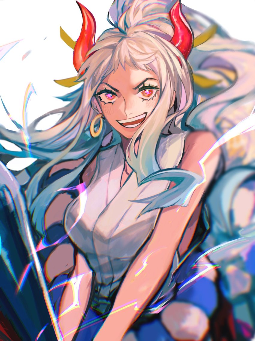 1girl 8h_kt bare_shoulders blue_hair blurry blurry_background blush chromatic_aberration dress earrings electricity eyelashes gradient_hair grey_hair highres holding holding_sword holding_weapon hoop_earrings horns jewelry long_hair looking_at_viewer multicolored_hair one_piece open_mouth red_eyes red_horns single_earring smile solo sword teeth weapon yamato_(one_piece)