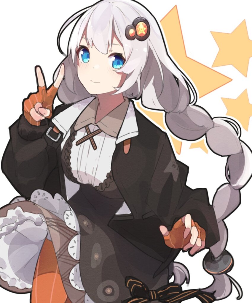 1girl black_jacket black_outline blue_eyes braid brown_collar brown_dress closed_mouth collar collared_shirt commentary contrast_collar cowboy_shot cross_tie dress dress_ribbon fingerless_gloves frilled_dress frills gloves hair_between_eyes hair_ornament highres jacket kizuna_akari lace lace-trimmed_dress lace_trim layered_dress long_hair long_sleeves looking_at_viewer low_twin_braids low_twintails mo_kiduti open_clothes open_jacket orange_gloves orange_pantyhose outline pantyhose pinafore_dress pinstripe_pattern puffy_long_sleeves puffy_sleeves raglan_sleeves shirt sleeveless sleeveless_dress smile solo standing star_(symbol) striped_clothes striped_gloves striped_pantyhose twin_braids twintails v vertical-striped_clothes vertical-striped_gloves vertical-striped_pantyhose very_long_hair vocaloid voiceroid white_background white_hair white_outline white_shirt