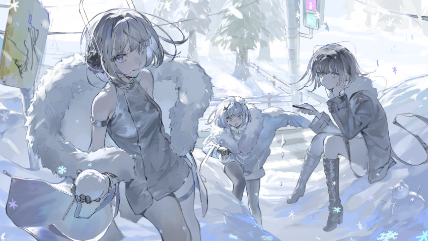 3girls absurdres arm_strap bare_shoulders black_boots black_coat black_gloves black_hair black_pantyhose blue_eyes blue_hair blue_jacket boots coat commentary_request crosswalk dress fence fingerless_gloves fur-trimmed_jacket fur_trim gloves grey_dress grey_hair hand_on_own_cheek hand_on_own_face highres holding holding_phone holding_snowball jacket knee_boots long_sleeves looking_at_viewer mo011010 multiple_girls off_shoulder open_mouth original outdoors pantyhose phone pine_tree power_lines road_sign short_hair sign sitting smile snow snow_on_head snowball snowing standing traffic_light tree utility_pole winter winter_clothes