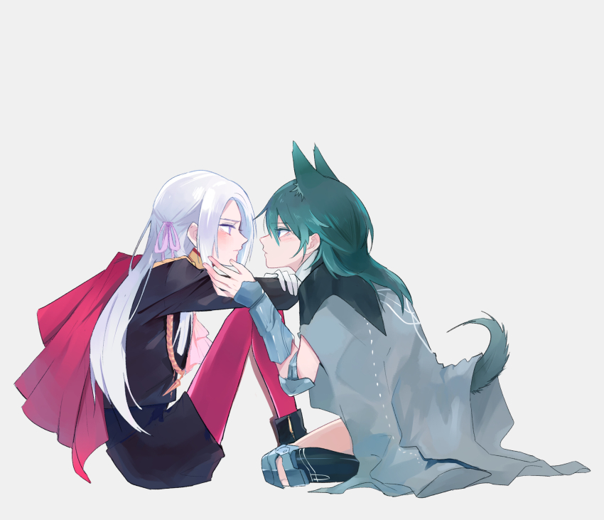 2girls animal_ears armored_boots arms_on_knees black_footwear black_legwear blue_eyes blue_hair blush boots female_byleth_(fire_emblem) cape coat crossed_arms dark_blue_hair edelgard_von_hresvelg face-to-face fire_emblem fire_emblem:_three_houses gloves grey_background hair_ribbon highres knightym22 long_hair long_sleeves looking_at_another medium_hair miniskirt multiple_girls nintendo pantyhose profile purple_eyes red_legwear ribbon silver_hair simple_background sitting skirt straight_hair tail vambraces white_gloves yuri