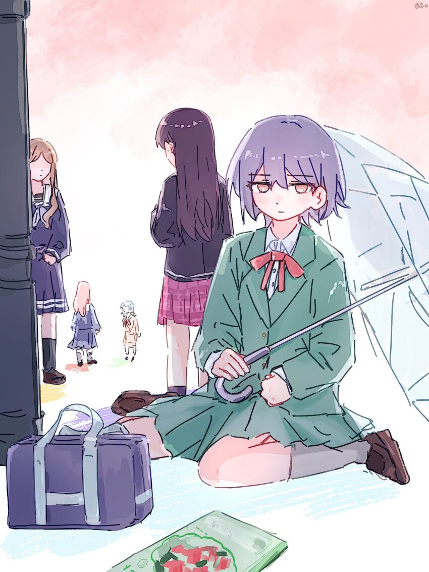 5girls bag bang_dream! bang_dream!_it&#039;s_mygo!!!!! black_jacket blue_bag blue_shirt blue_skirt blush brown_dress brown_eyes brown_hair brown_shoes chihaya_anon chinese_commentary closed_mouth commentary_request dress green_jacket green_skirt grey_hair grey_socks hanasakigawa_school_uniform haneoka_school_uniform highres holding holding_umbrella jacket kaname_raana keyun long_hair long_sleeves mole mole_under_eye multiple_girls mygo!!!!!_(bang_dream!) nagasaki_soyo necktie notebook plaid_clothes plaid_skirt pleated_skirt purple_skirt red_necktie school_bag school_uniform shiina_taki shirt shoes short_hair sitting skirt socks standing takamatsu_tomori tsukinomori_school_uniform umbrella wariza white_hair