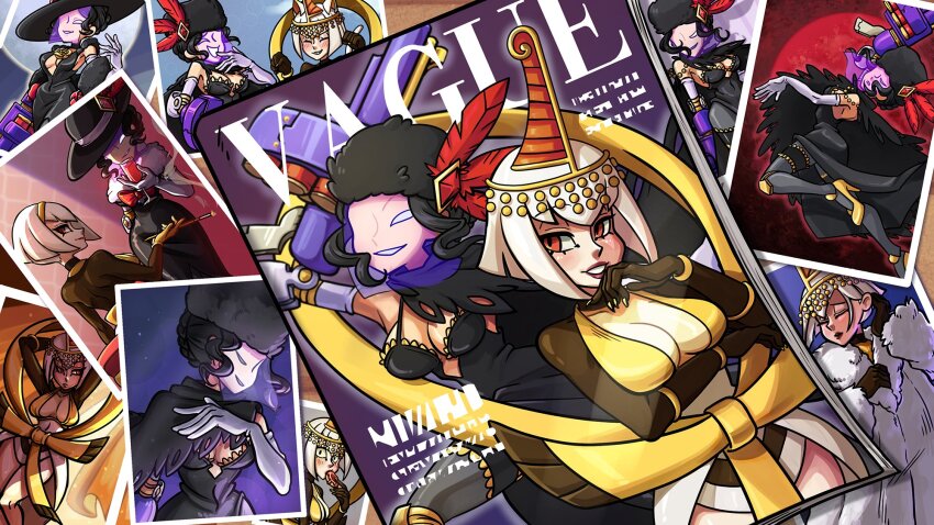 2girls ancient_egyptian black_dahlia bob_cut breasts cleavage cleavage_cutout clothing_cutout cover cyborg dress eliza_(skullgirls) fur_hat gloves grenade_launcher hat hat_feather highres large_breasts madamerinrin magazine_cover mechanical_arms multiple_girls object_through_head photo_background short_hair single_mechanical_arm skullgirls smile tiara veil weapon