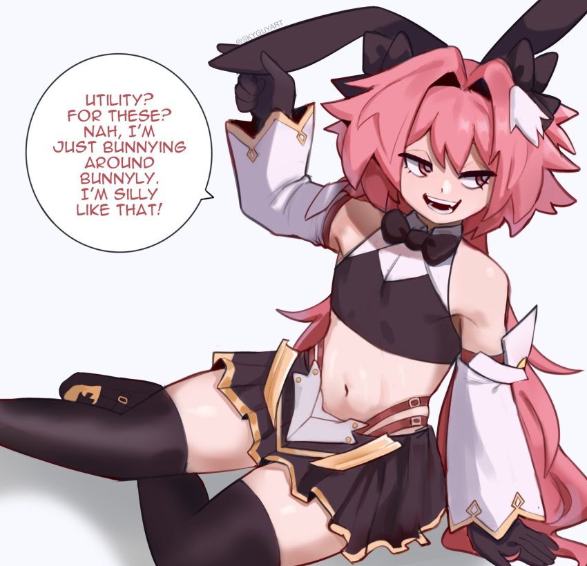 1boy animal_ears arm_support astolfo_(fate) astolfo_(saber)_(fate) astolfo_(saber)_(first_ascension)_(fate) bare_shoulders black_bow black_gloves black_skirt black_thighhighs bow detached_sleeves english_text fake_animal_ears fate/grand_order fate_(series) gloves hair_bow highres long_hair looking_to_the_side male_focus midriff multicolored_hair navel open_mouth pink_eyes pink_hair rabbit_ears sitting skirt sky_guy_art smile solo speech_bubble streaked_hair thighhighs trap very_long_hair white_hair