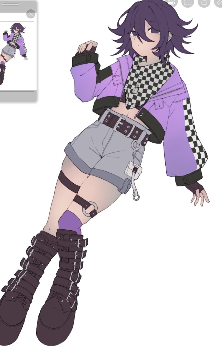 1boy alternate_costume belt black_belt black_boots black_hair black_jacket boots checkered_clothes checkered_jacket checkered_neckerchief cropped_jacket danganronpa_(series) danganronpa_v3:_killing_harmony flipped_hair grey_shorts hair_between_eyes highres jacket knee_boots long_sleeves male_focus multiple_views navel neckerchief o-ring oma_kokichi open_clothes open_jacket pink_jacket shorts simaenaga_v3 unfinished white_background white_bag