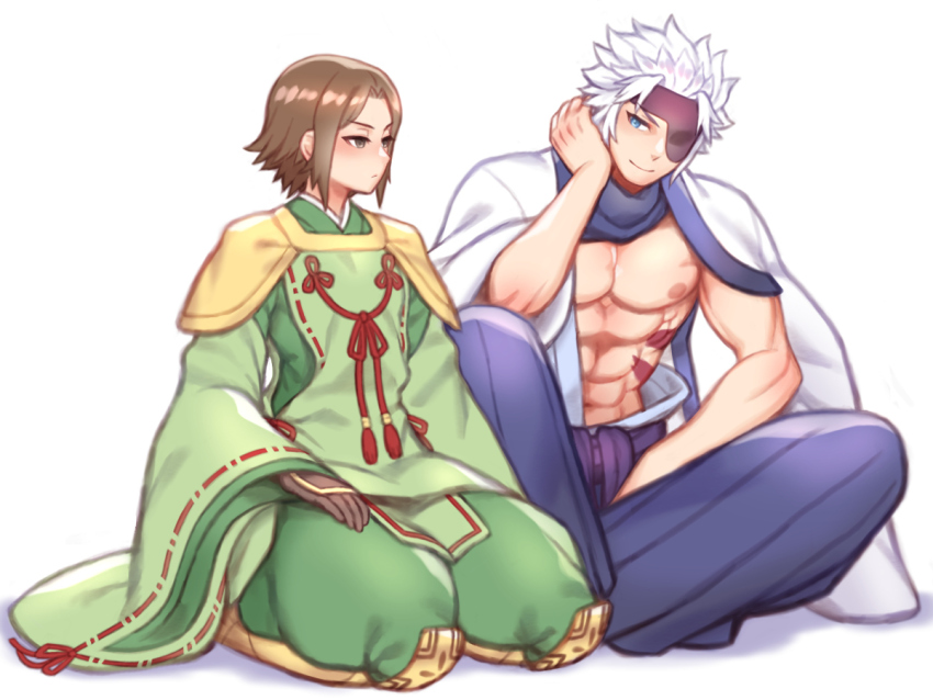 2boys abs blue_eyes brown_eyes brown_gloves brown_hair chousokabe_motochika_(sengoku_basara) eye_contact folks_(nabokof) frown gloves hakama hakama_pants indian_style japanese_clothes looking_at_another male_focus mouri_motonari_(sengoku_basara) multiple_boys official_alternate_costume open_clothes pants purple_hakama seiza sengoku_basara short_hair simple_background sitting smile spiked_hair white_background white_hair wide_sleeves