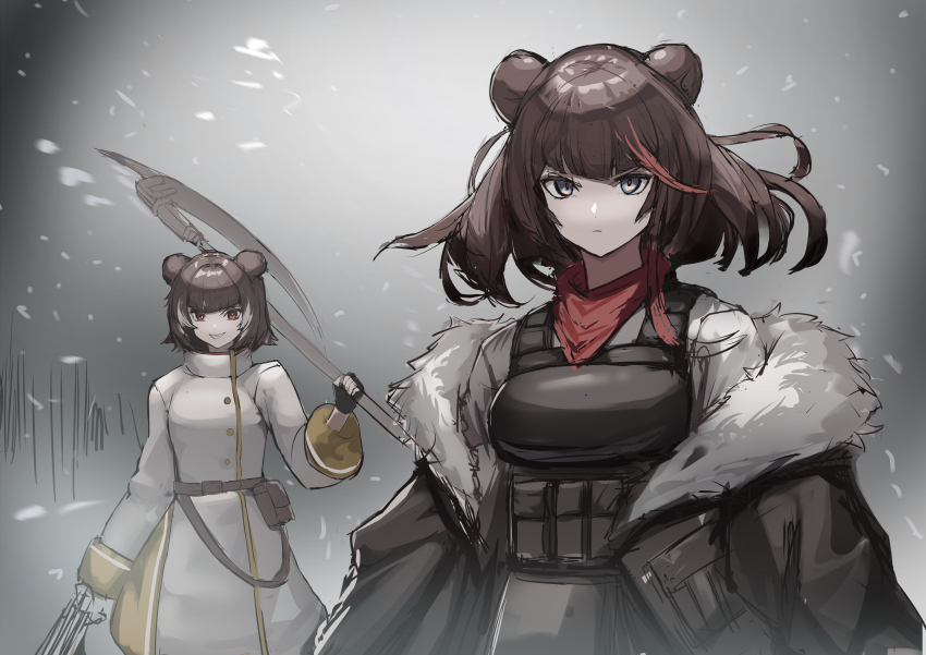 2girls absurdres animal_ears arknights black_gloves black_jacket brown_hair bulletproof_vest chou_oji closed_mouth commentary_request dress fingerless_gloves fur-trimmed_jacket fur_trim glaring gloves green_eyes high_collar highres holding jacket leto_(arknights) long_sleeves looking_at_viewer multiple_girls off_shoulder open_mouth orange_eyes outdoors red_pupils serious shirt short_hair sketch snowing snowstorm standing white_dress white_shirt wind zima_(arknights)