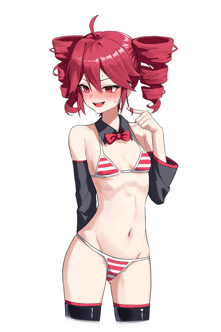 1girl :d absurdres ahoge bikini black_thighhighs blush bow bowtie breasts commentary_request cowboy_shot cropped_legs detached_collar detached_sleeves drill_hair gluteal_fold highres hu2924 kasane_teto kasane_teto_(sv) kasane_teto_(utau) looking_to_the_side medium_hair meme_attire micro_bikini miku_collar_bikini navel open_mouth red_bikini red_bow red_bowtie red_eyes red_hair simple_background small_breasts smile solo standing stomach striped_bikini striped_clothes sweat swimsuit synthesizer_v thighhighs twin_drills twirling_hair utau white_background white_bikini