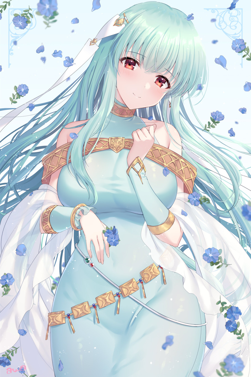 1girl aqua_dress aqua_hair awayuki_ramika bare_shoulders blue_flower bracelet closed_mouth commission dress fire_emblem fire_emblem:_the_blazing_blade flower highres holding holding_flower jewelry long_hair looking_at_viewer ninian_(fire_emblem) nintendo red_eyes skeb_commission smile solo