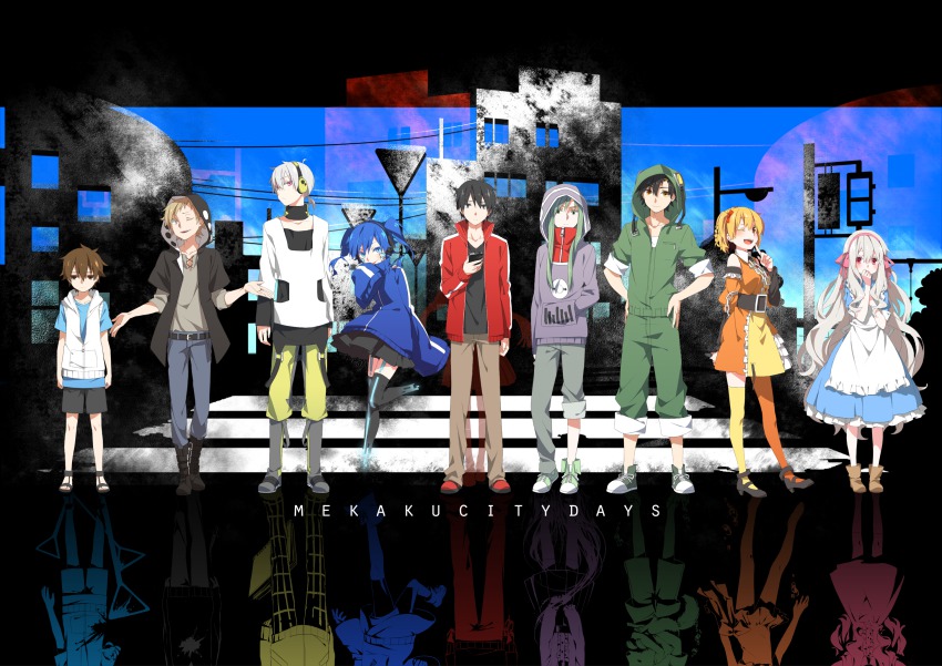 6+boys 6+girls amamiya_hibiya black_hair blonde_hair blue_eyes blue_hair brown_hair cellphone dekatanaba different_reflection dress ene_(kagerou_project) enomoto_takane green_hair green_shoes headphones highres hood hoodie kagerou_project kano_shuuya kido_tsubomi kisaragi_momo kisaragi_shintarou kokonose_haruka konoha_(kagerou_project) kozakura_marry long_hair multiple_boys multiple_girls pants pants_tucked_in phone red_eyes reflection scissors seto_kousuke shoes short_hair silhouette silver_hair smartphone spoilers tateyama_ayano twintails vocaloid