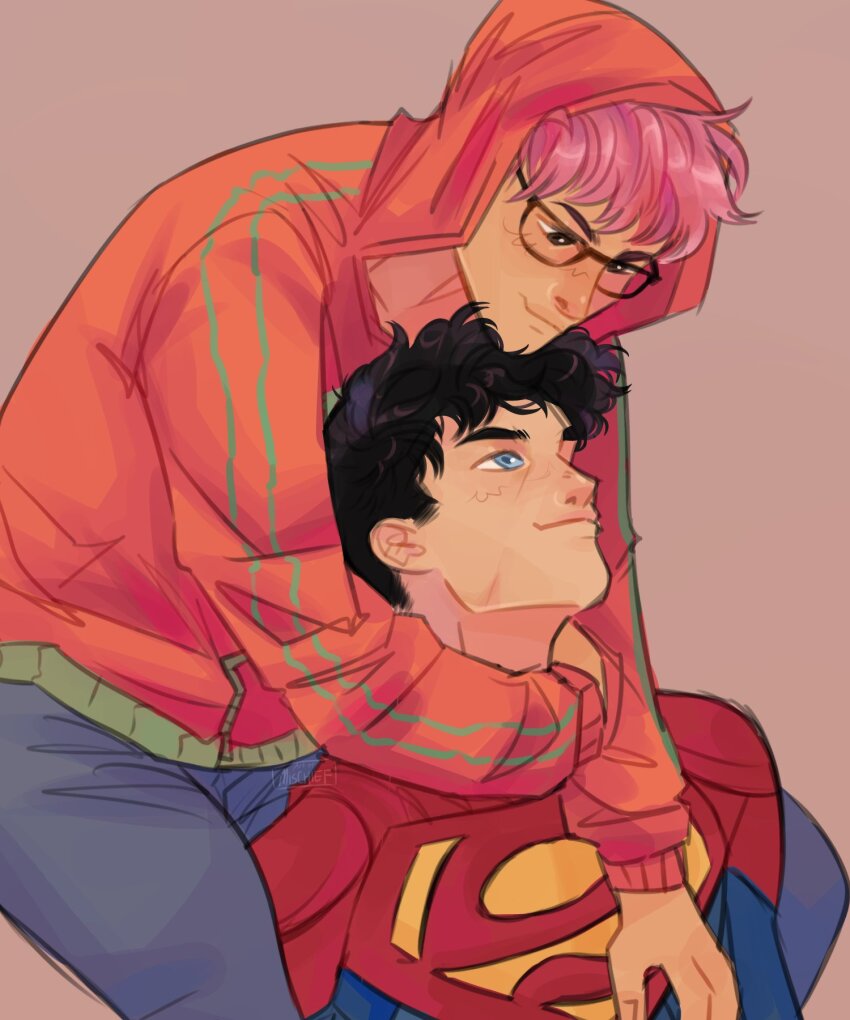 2boys arm_around_neck black-framed_eyewear blue_pants blush brown_eyes chin_rest closed_mouth commentary couple dc_comics denim english_commentary eye_contact glasses head_on_head head_rest highres hood hood_up hoodie jay_nakamura jeans jonathan_kent long_sleeves looking_at_another male_focus multiple_boys orange_hoodie pants pink_hair simple_background smile striped_clothes striped_hoodie superhero_costume superman:_son_of_kal-el superman_(series) superman_logo yaoi