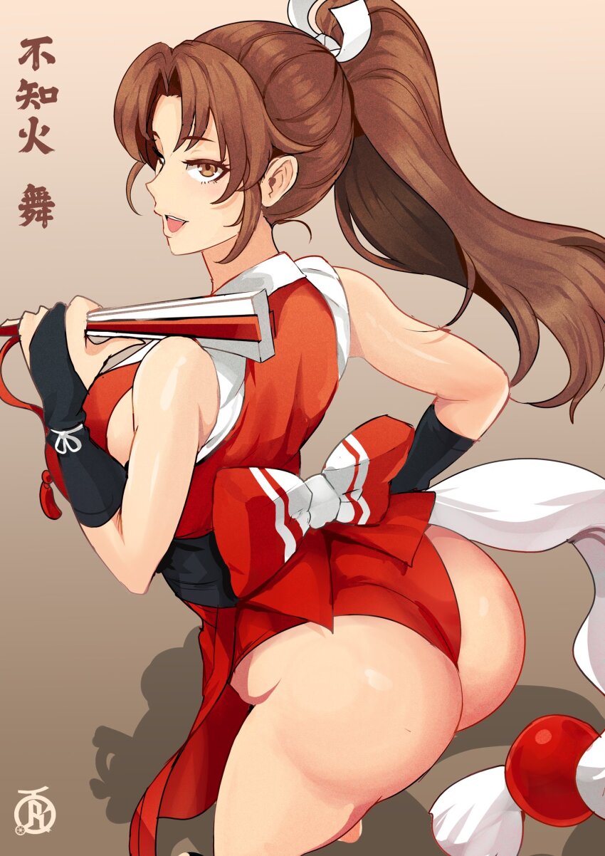 1girl ass back_bow bent_over bow breasts brown_eyes brown_hair commentary curvy english_commentary fatal_fury folded_fan folding_fan from_above hand_fan high_ponytail highres holding holding_fan huge_ass long_hair looking_at_viewer looking_back no_bra obi open_mouth parted_bangs ponytail red_bow revolverwing sash shiranui_mai sideboob smile solo standing the_king_of_fighters thong translation_request