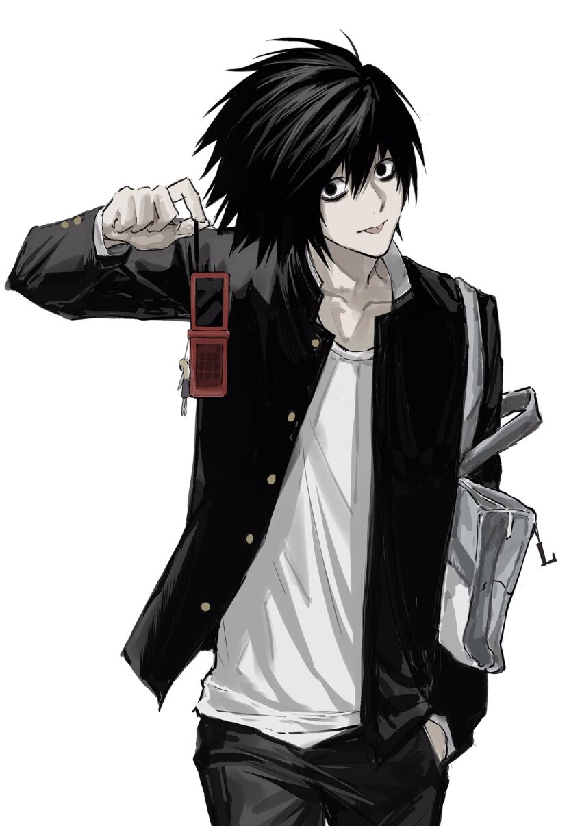 1boy bag bags_under_eyes black_eyes black_hair black_pants cellphone cowboy_shot death_note flip_phone gakuran hair_between_eyes hand_in_pocket highres holding holding_phone l_(death_note) long_sleeves looking_at_viewer male_focus pants phone school_uniform shirt short_hair shoulder_bag simple_background solo sso_s tongue tongue_out white_background white_shirt