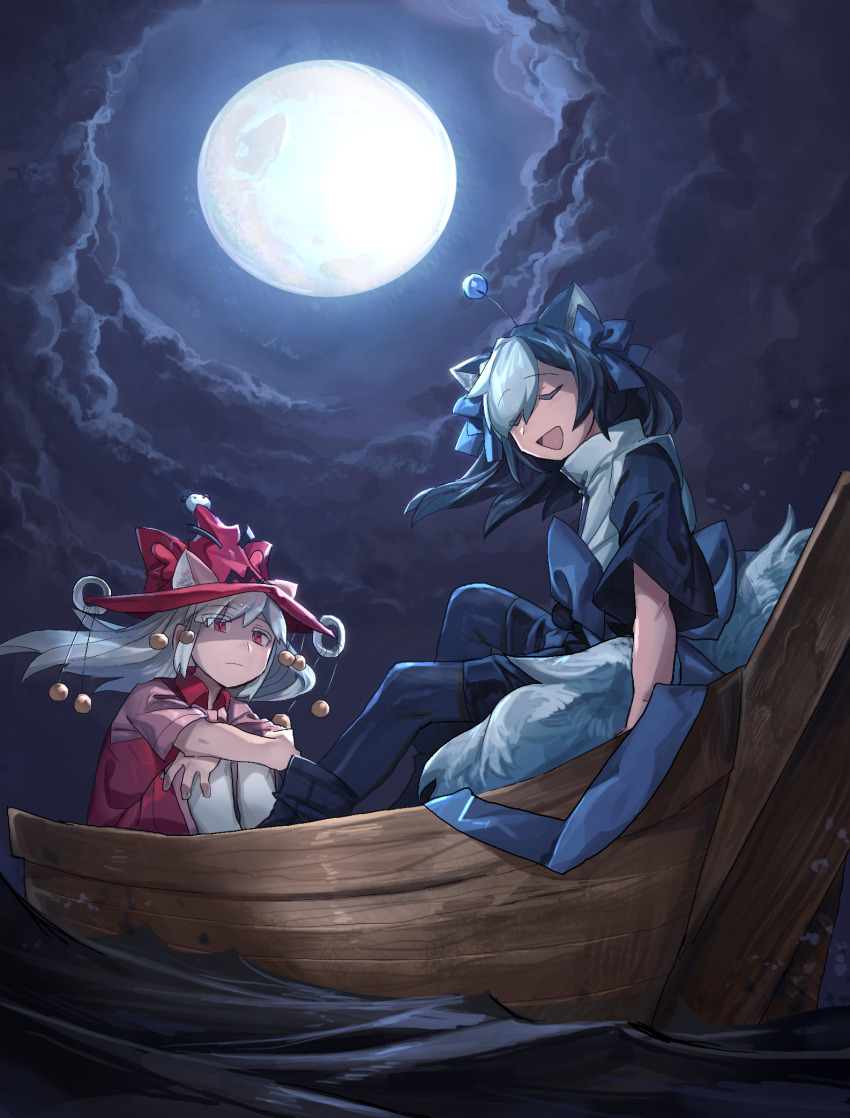 2girls :d animal_ears antennae bad_id bad_pixiv_id black_hair blue_bow blue_legwear boat bow cat_ears closed_eyes closed_mouth cloud cloudy_sky ears_through_headwear full_moon hair_bow hat highres moca_cofi moochasu moon multicolored_hair multiple_girls night open_mouth outdoors pantyhose pink_shirt red_eyes red_headwear shichigatsu shirt short_sleeves shorts sky smile tail towelket_wo_mou_ichido two-tone_hair water watercraft white_hair white_legwear