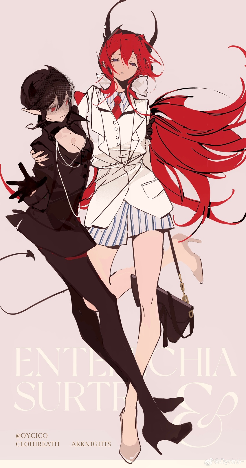 2girls absurdres alternate_costume arknights artist_name bag black_dress black_hair black_pantyhose breasts character_name cleavage cleavage_cutout clothing_cutout collared_shirt copyright_name demon_horns demon_tail dress entelechia_(arknights) hair_between_eyes handbag high_heels highres holding holding_bag horns jacket long_hair looking_at_another looking_at_viewer medium_breasts multiple_girls necktie pantyhose pointy_ears qinghejunzi red_eyes red_hair red_necktie shirt short_hair shorts sketch surtr_(arknights) tail vest white_jacket white_shirt white_shorts white_vest