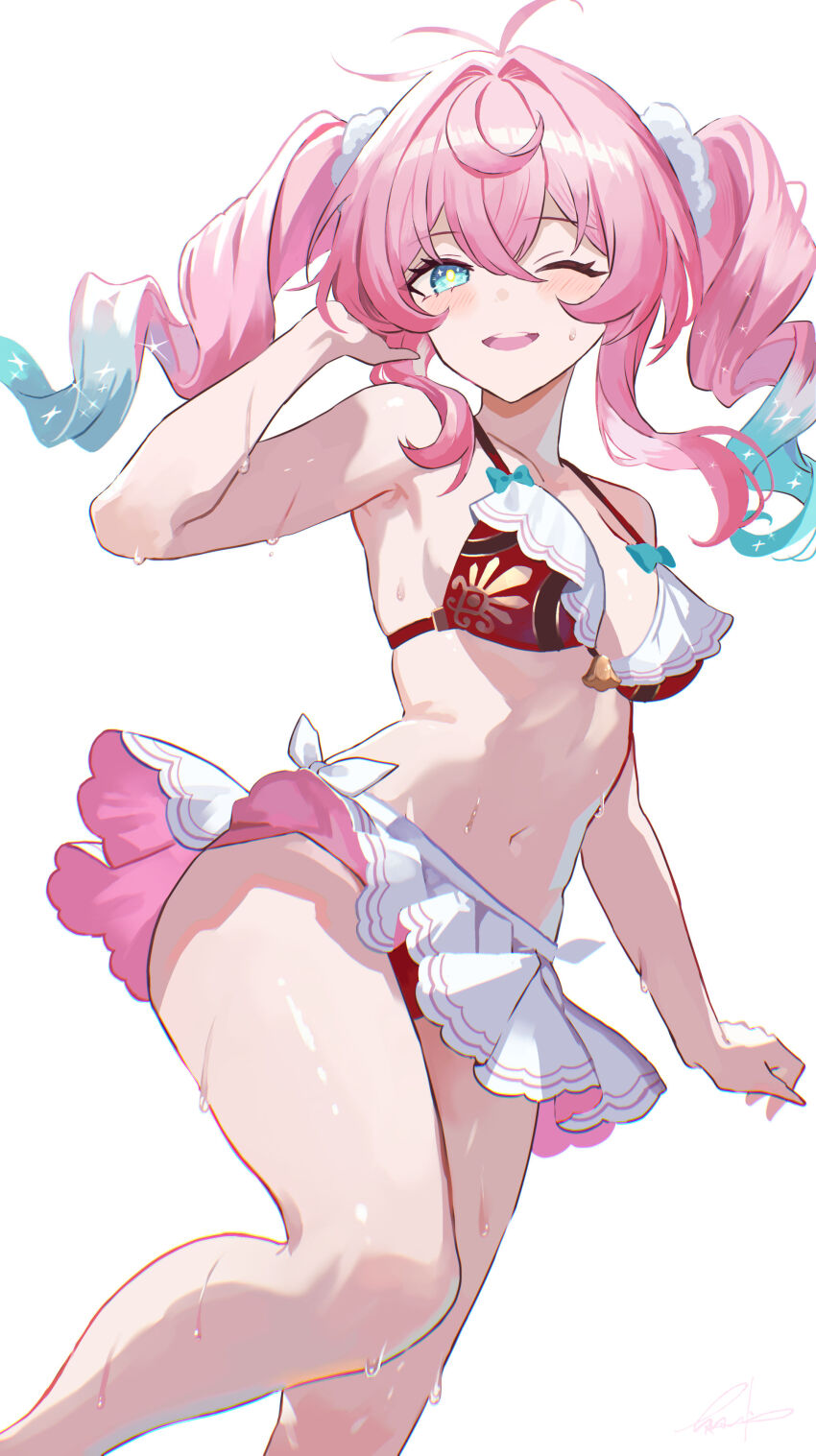 1girl ;) absurdres aqua_eyes aqua_hair bikini breasts commentary_request drill_hair highres honkai:_star_rail honkai_(series) hyacine_(honkai:_star_rail) maria_(maria_rose) medium_breasts multicolored_hair navel one_eye_closed parted_lips pink_hair red_bikini simple_background smile solo stomach swimsuit twin_drills two-tone_hair white_background