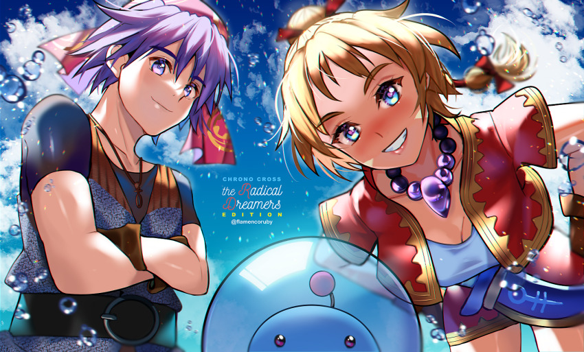 1boy 1girl 1other alien antennae armor bandana bead_necklace beads belt belt_buckle black_shirt blonde_hair blue_eyes blue_hair blue_skin blue_sky blush breasts brown_gloves buckle chainmail chrono_cross cleavage cloud colored_skin cowboy_shot cropped_jacket crossed_arms dagger facial_mark gloves grin hair_between_eyes hair_ribbon hands_on_own_hips jacket jewelry kasa_(flamencoruby) kid_(chrono_cross) knife leaning_forward long_hair looking_at_viewer medium_breasts miniskirt multi-tied_hair necklace ponytail red_bandana red_jacket red_ribbon red_skirt ribbon serge_(chrono_cross) shirt short_hair short_sleeves skirt sky smile spacesuit starky_(chrono_cross) teeth upper_body weapon white_shirt