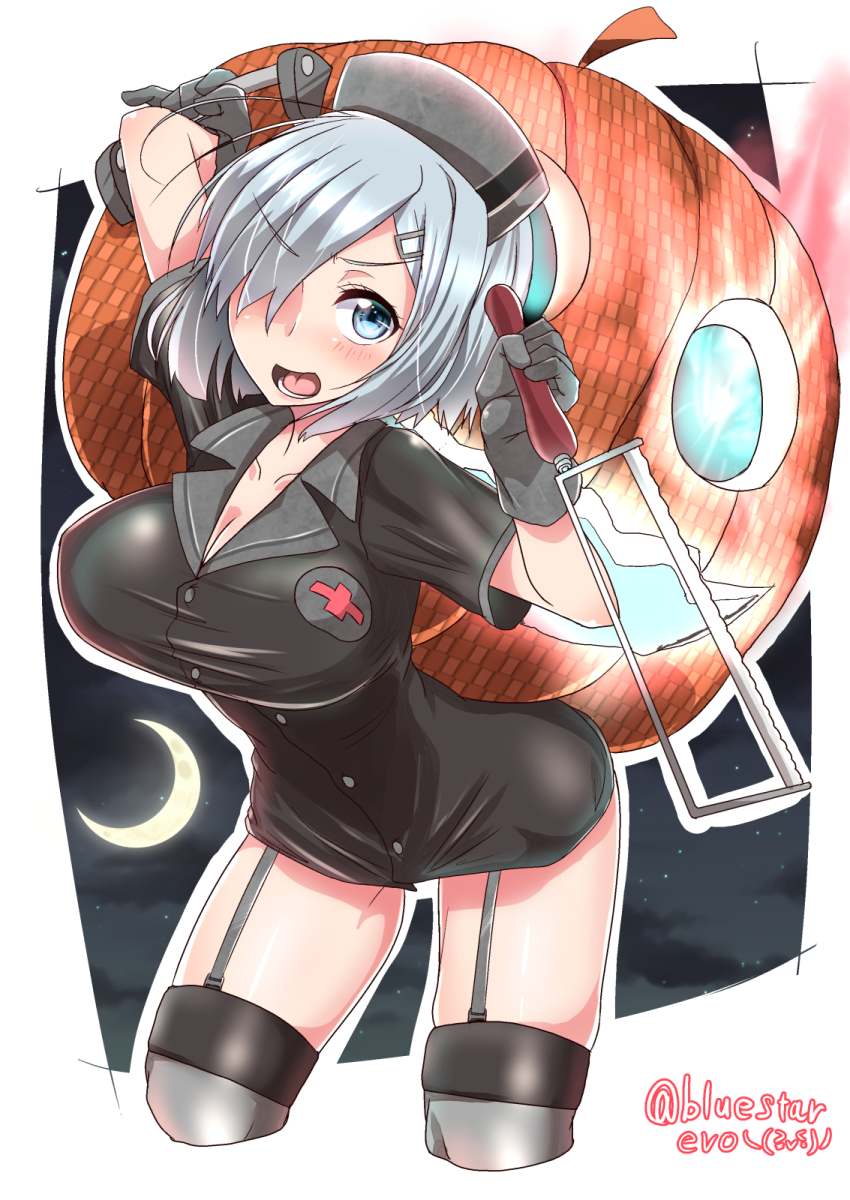 1girl alternate_costume blue_eyes blush bonesaw breasts burusuta cleavage cowboy_shot female_focus garter_straps gloves hacksaw hair_ornament hair_over_one_eye hairclip halloween halloween_costume hamakaze_(kancolle) hat highres jack-o&#039;-lantern kantai_collection large_breasts looking_at_viewer nurse nurse_cap open_mouth pumpkin saw short_hair silver_hair solo thighhighs thighs