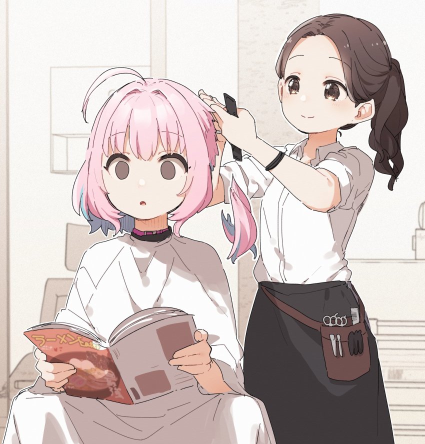 2girls ahoge apron barber blue_hair brown_eyes check_commentary collar collared_shirt comb commentary commentary_request cutting_another&#039;s_hair cutting_hair empty_eyes falling highres holding idolmaster idolmaster_cinderella_girls indoors magazine_(object) misunderstanding multicolored_hair multiple_girls pink_hair scissors scrunchie severed_hair shirt side_ponytail sitting skirt sleeves_rolled_up smile smock tool_belt two-tone_hair wide-eyed yukie_(kusaka_shi) yumemi_riamu