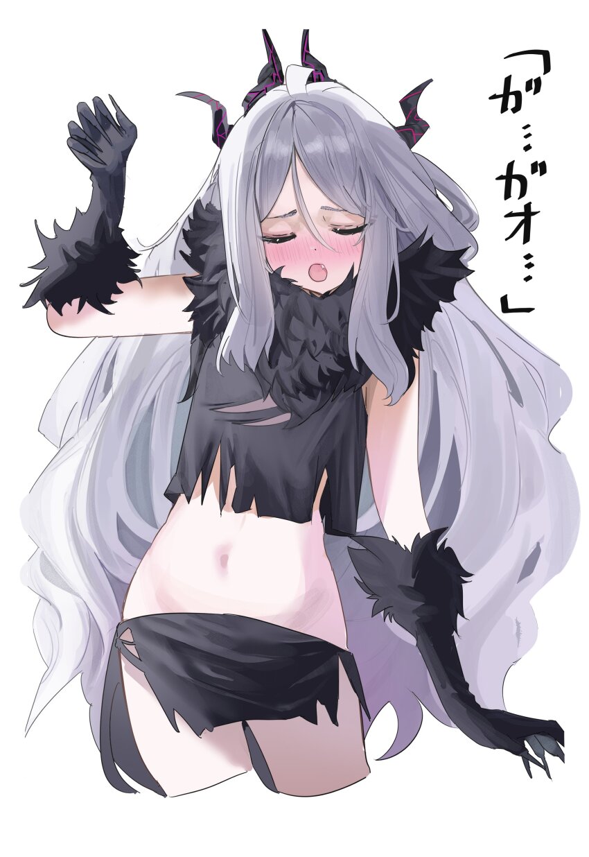 1girl absurdres black_claws black_horns blue_archive cosplay demon_horns fake_claws fur-trimmed_gloves fur_scarf fur_sleeves fur_trim gloves halloween_costume halo highres hina_(blue_archive) horns inu_lin kazusa_(blue_archive) kazusa_(blue_archive)_(cosplay) kazusa_(halloween)_(blue_archive) skirt solo torn_clothes torn_skirt translation_request werewolf_costume