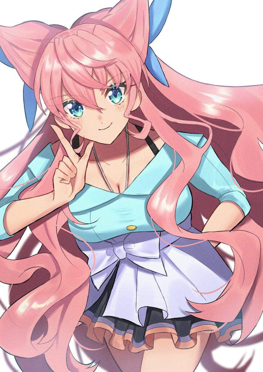 1girl absurdres blue_eyes blush breasts cleavage collarbone hair_between_eyes hair_ornament highres huge_breasts jewelry kotou192 large_breasts long_hair looking_at_viewer maria_cadenzavna_eve necklace pink_hair senki_zesshou_symphogear skirt smile solo very_long_hair